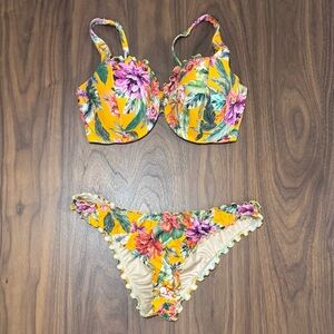 Shade & Shore Bikini in Yellow with Purple & Red Tropical Print NWOT